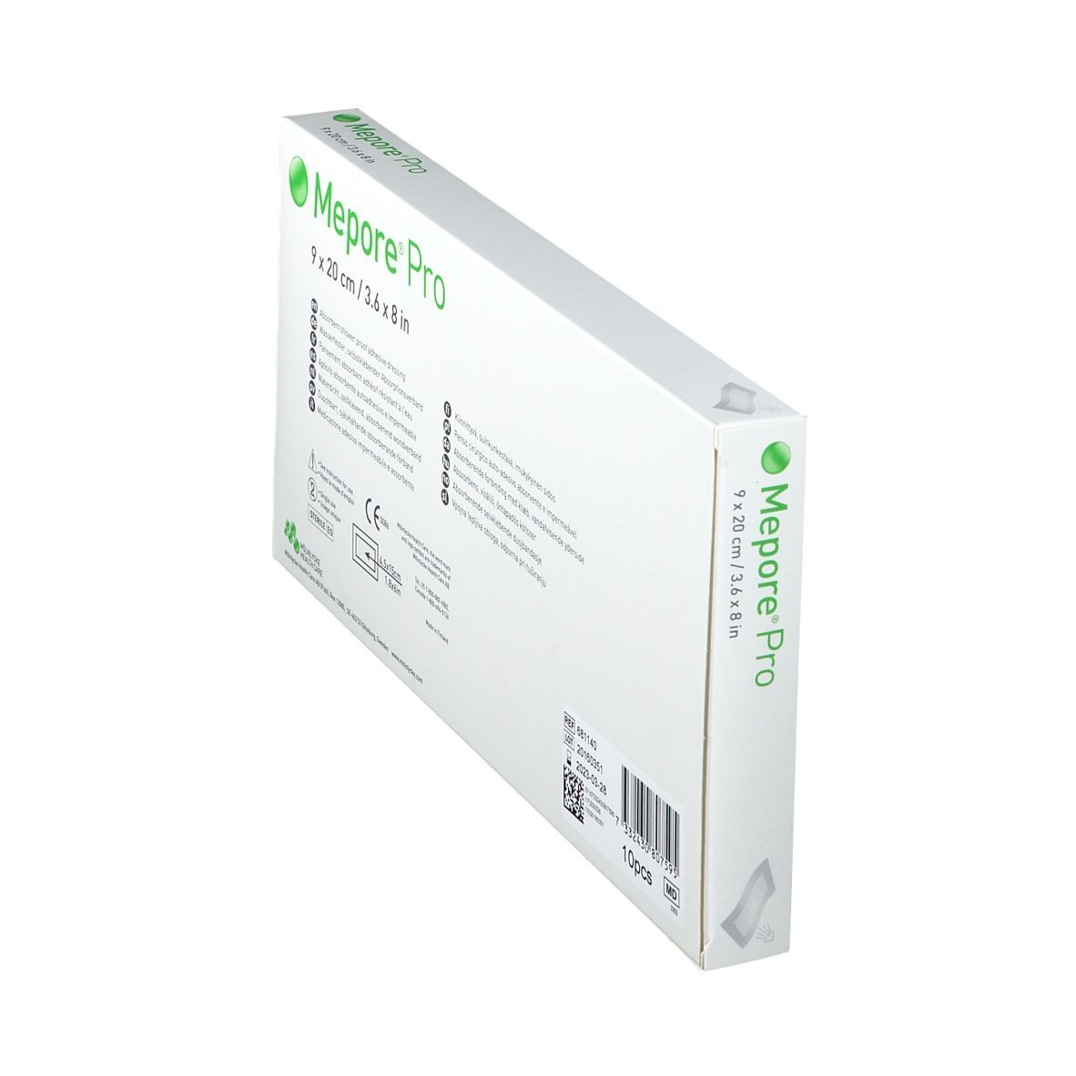 Mepore® Pro Verpackung, 9 x 20 cm. Seitliche Ansicht der Rückseite. Text, CE-Kennzeichnung und Chargennummer.