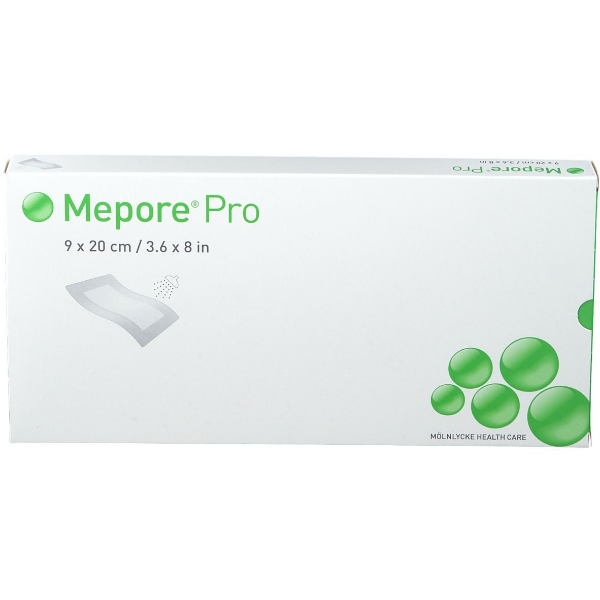 Mepore® Pro Verpackung, 9 x 20 cm. Weiße Schachtel mit Logo, Produktabbildung und Größenangabe. Grüne Akzente.