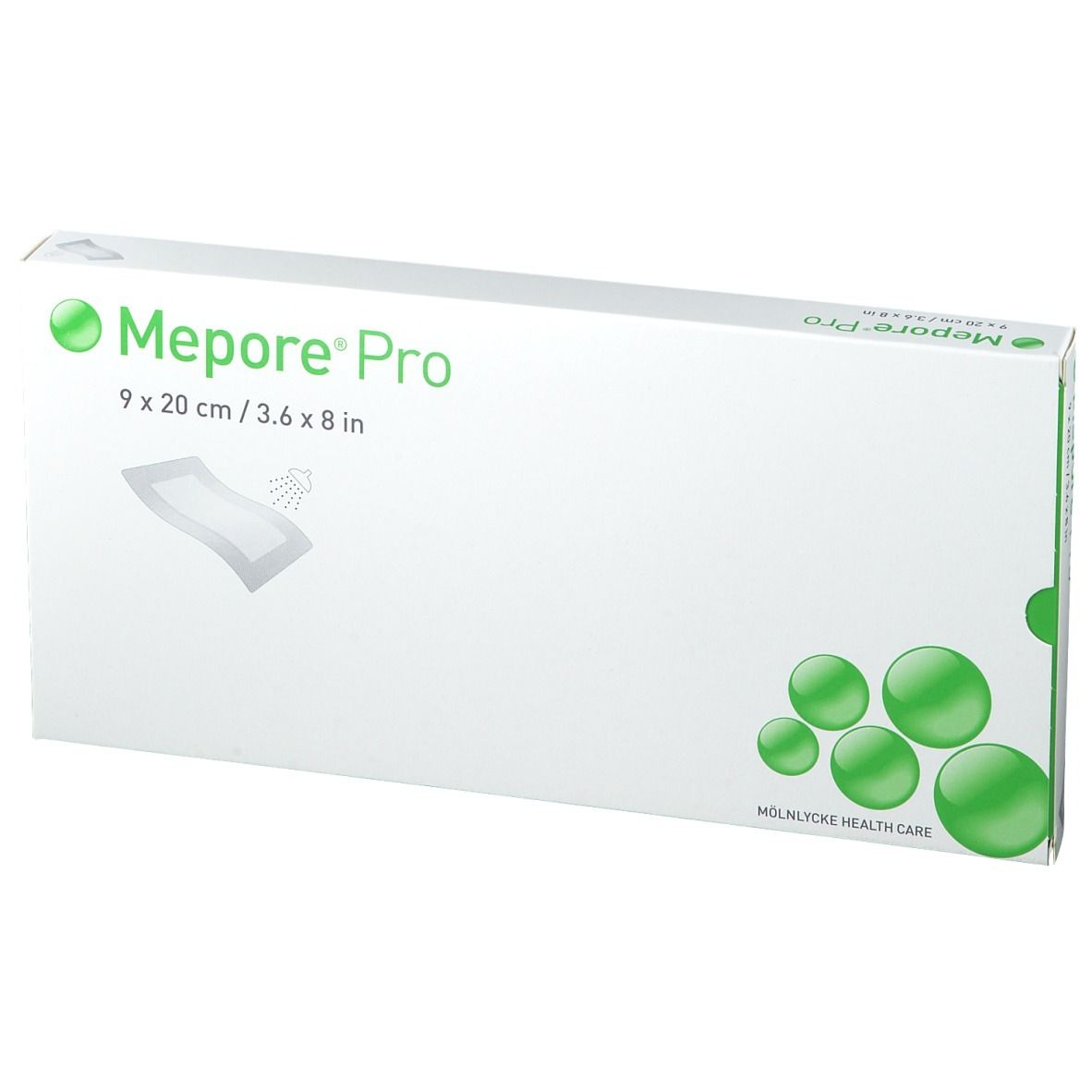 Mepore® Pro Verpackung, 9 x 20 cm. Weiße Schachtel mit Logo, Produktabbildung und Größenangabe. Grüne Akzente.