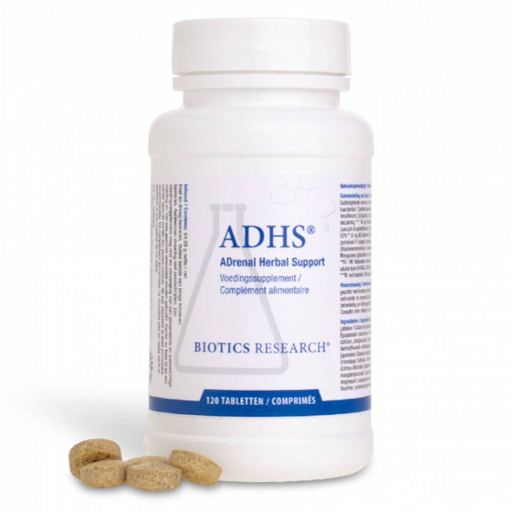 Witte fles met ADHS®-tabletten. Opschrift: ADHS® Adrenal Herbal Support. 120 tabletten. Biotics Research logo.