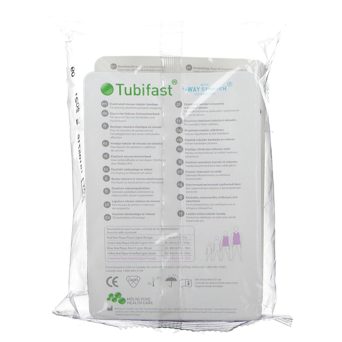 Dos de l'emballage Tubifast 2-Way Stretch. Informations et symboles. Marquage CE. Holnlycke Health Care.
