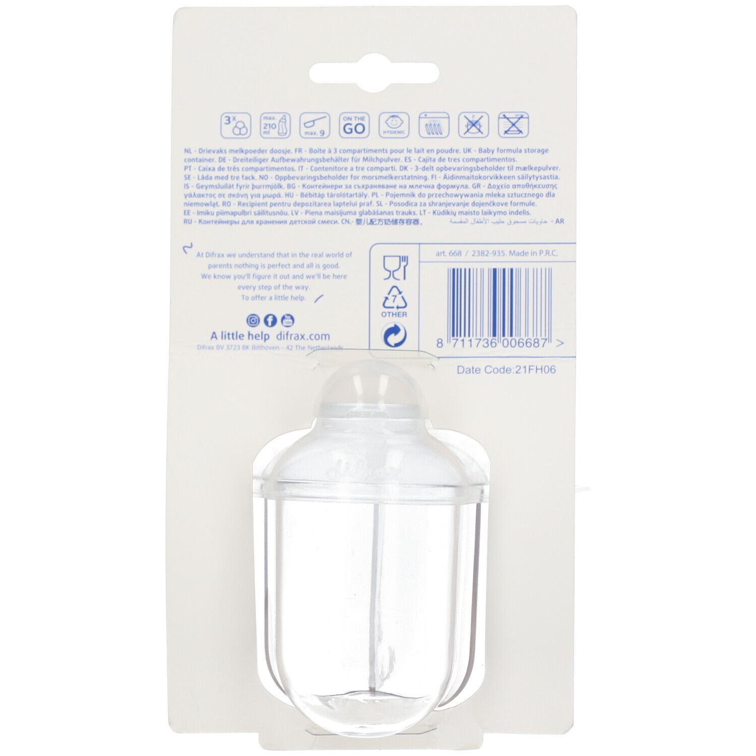 Rückseite der Verpackung der Difrax Milchpulver-Box. Informationen und Symbole. Transparenter Behälter sichtbar.