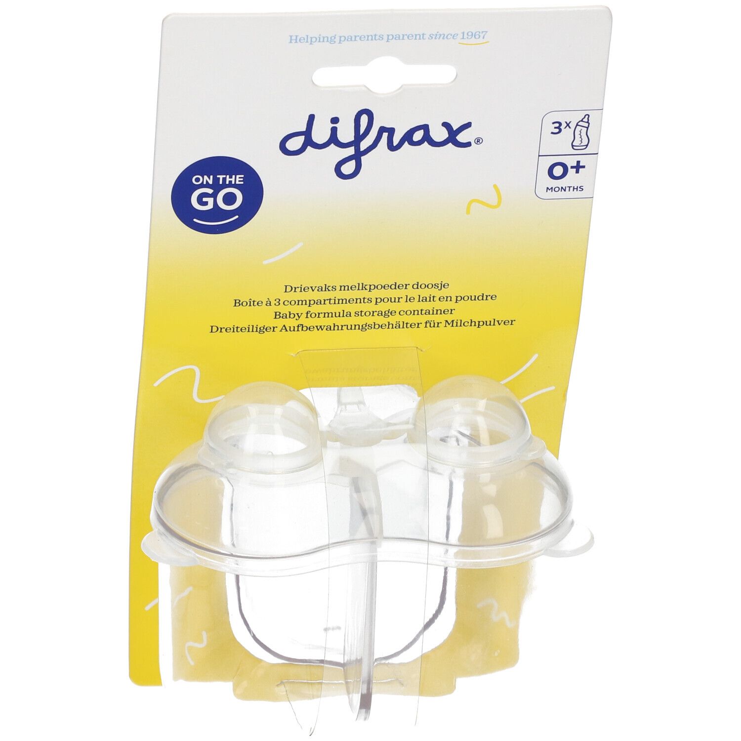 Difrax Milchpulver-Box mit 3 Fächern. Transparenter Behälter mit gelber Verpackung. Aufschrift: difrax, 3x, 0+ Monate.