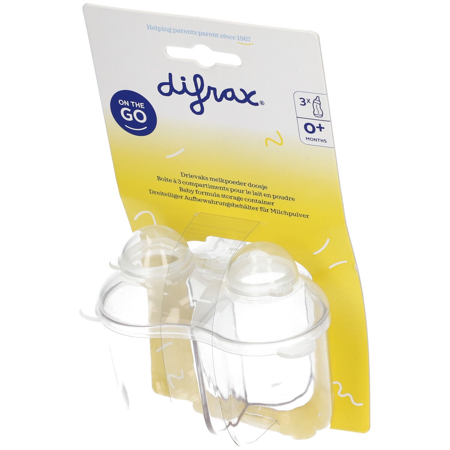 Difrax Milchpulver-Box mit 3 Fächern. Transparenter Behälter mit gelber Verpackung. Aufschrift: difrax, 3x, 0+ Monate.