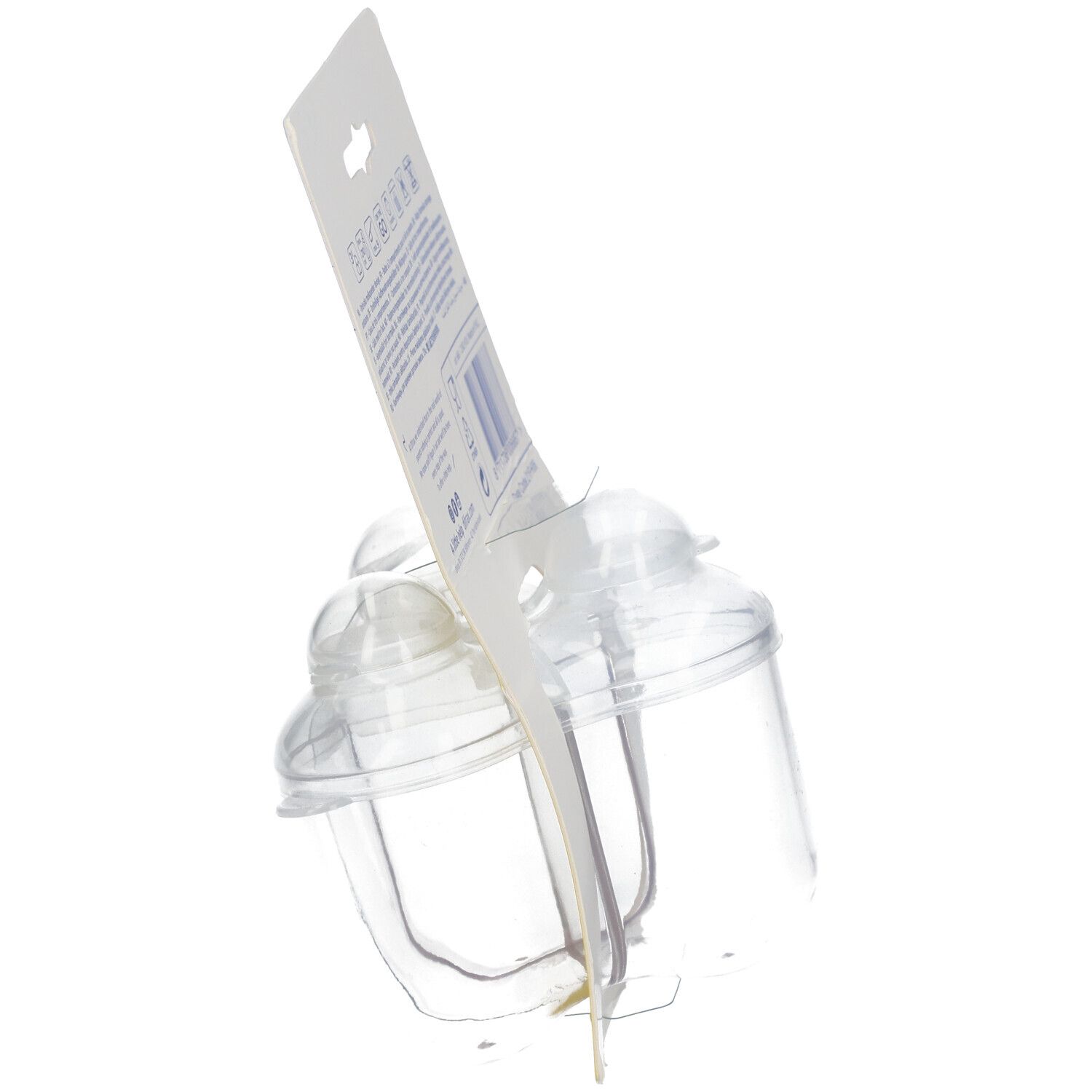 Difrax Milchpulver-Box mit 3 Fächern, schräg von der Seite. Transparenter Behälter mit Verpackung.