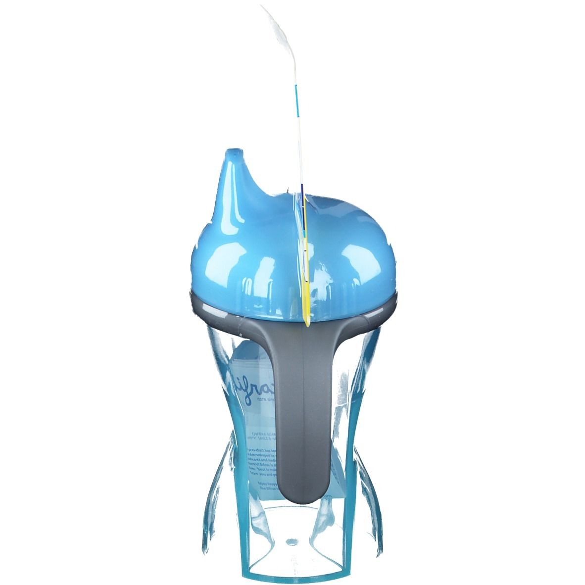 Seitenansicht des blauen Trinkbechers mit hartem Ausguss. Der Becher ist teilweise transparent.