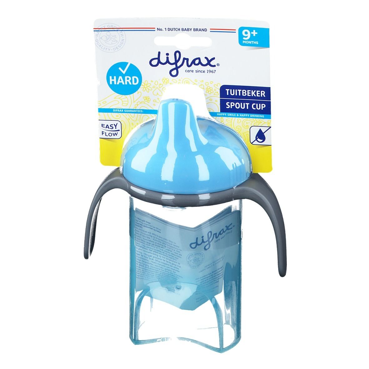 Blauer Trinkbecher mit hartem Ausguss und Griffen. Verpackung mit Produktnamen und Altersempfehlung 9+ Monate.