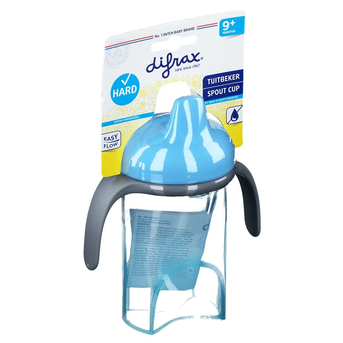 Blauer Trinkbecher mit hartem Ausguss und Griffen. Verpackung mit Produktnamen und Altersempfehlung 9+ Monate.
