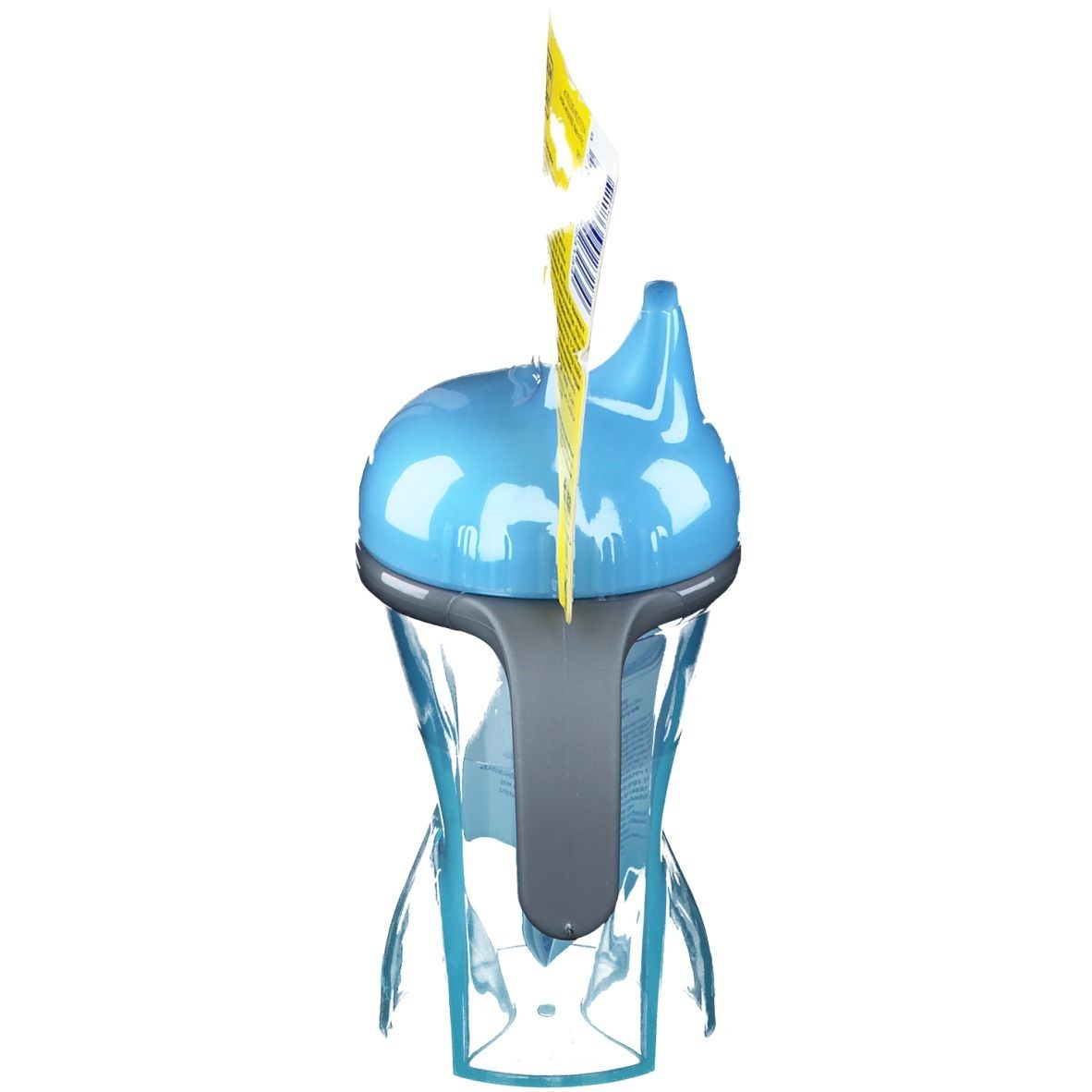 Seitenansicht des blauen Trinkbechers mit hartem Ausguss. Der Becher ist teilweise transparent.