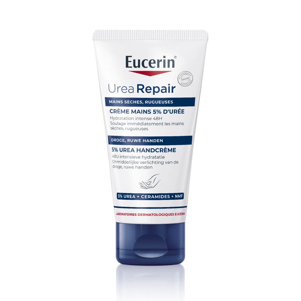 Tube de crème pour les mains Eucerin UreaRepair. Tube blanc, bouchon bleu. Texte : 5% Urée, mains sèches, rugueuses.