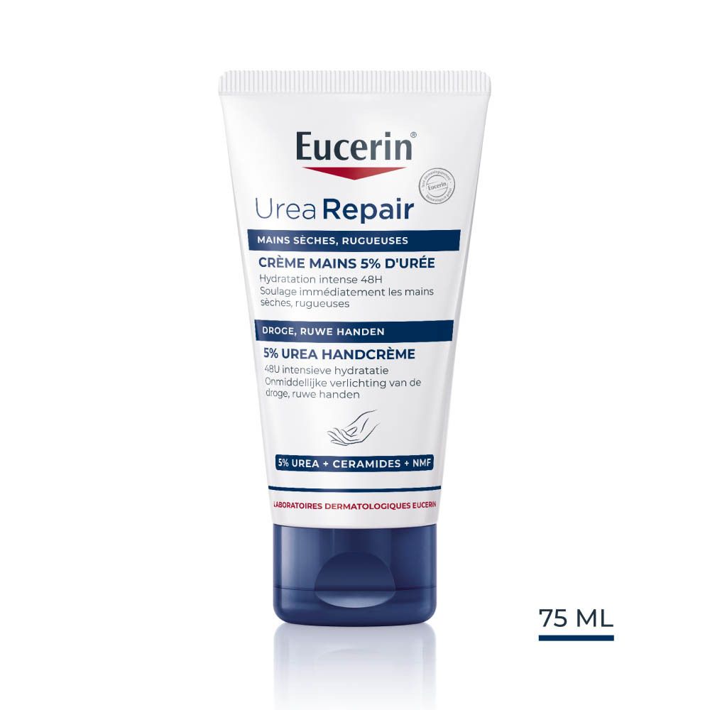 Crème pour les mains Eucerin UreaRepair. Tube blanc, bouchon bleu. Texte : 75 ml.