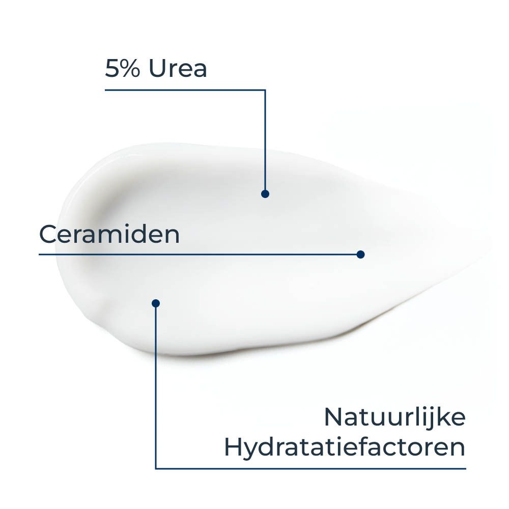 Close-up van een druppel crème. Tekst: 5% Urea, Ceramiden, Natuurlijke Hydratatiefactoren.
