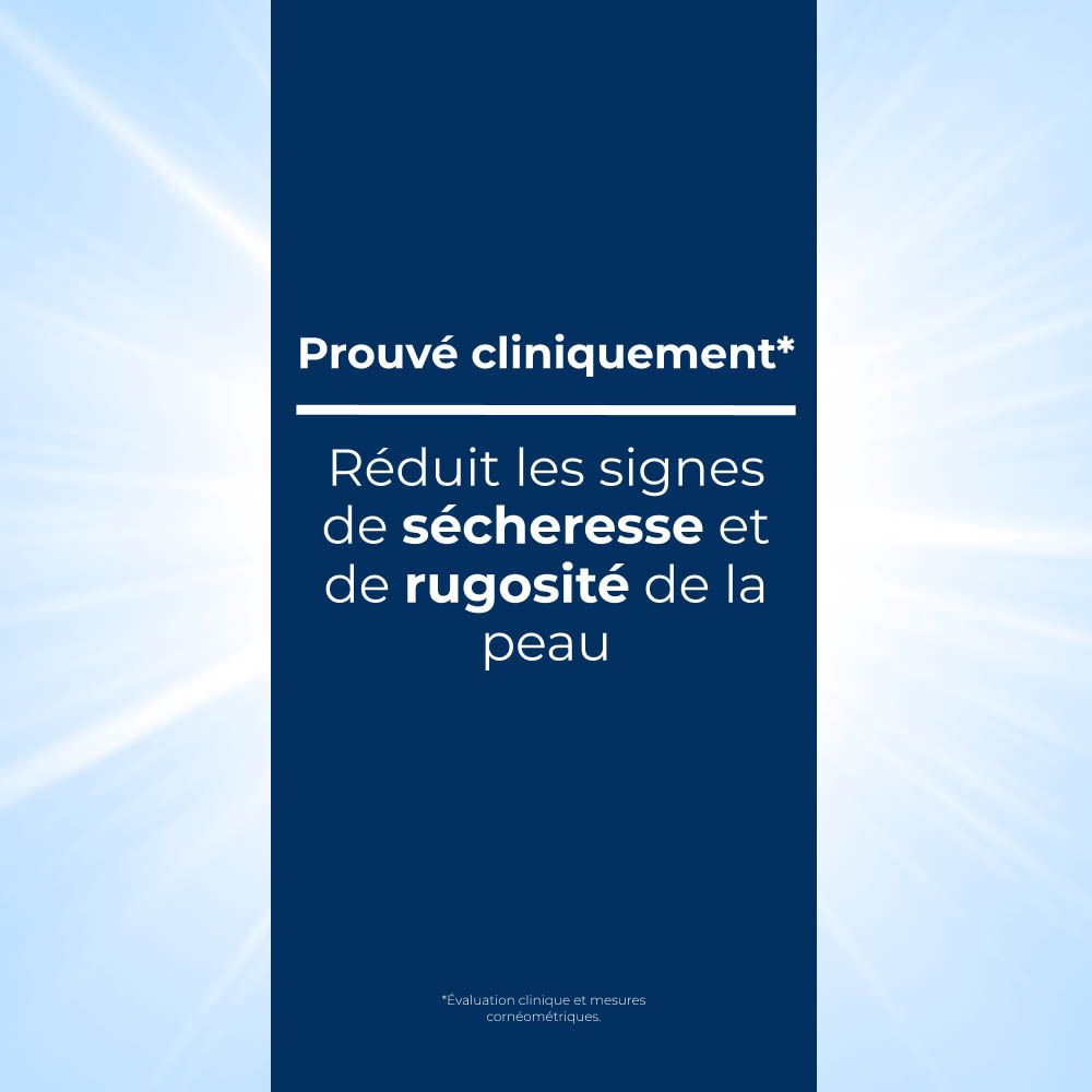Texte : Prouvé cliniquement. Réduit les signes de sécheresse et de rugosité de la peau.