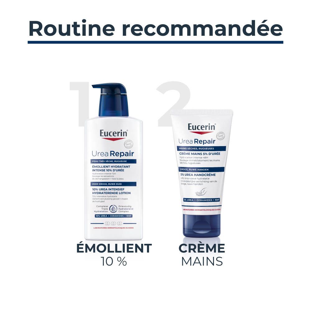 Routine recommandée : Lotion et crème pour les mains Eucerin UreaRepair.