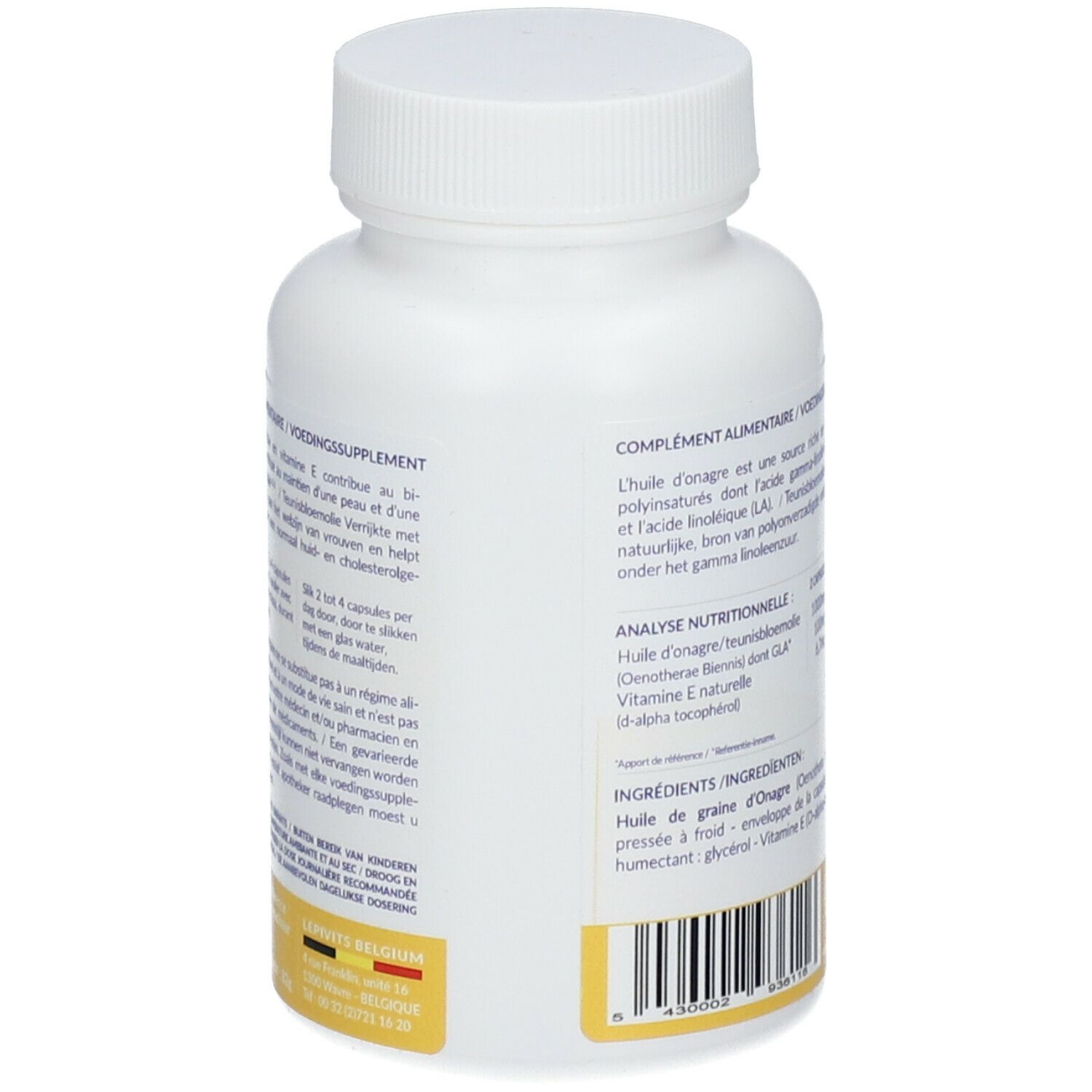 Dos du flacon blanc. Texte: Complément alimentaire. Ingrédients, informations nutritionnelles. LEPIVITS.