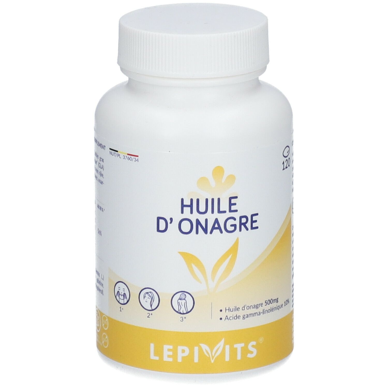 Flacon blanc de gélules. Inscription: Huile d'Onagre, LEPIVITS. Étiquette jaune avec informations produit.