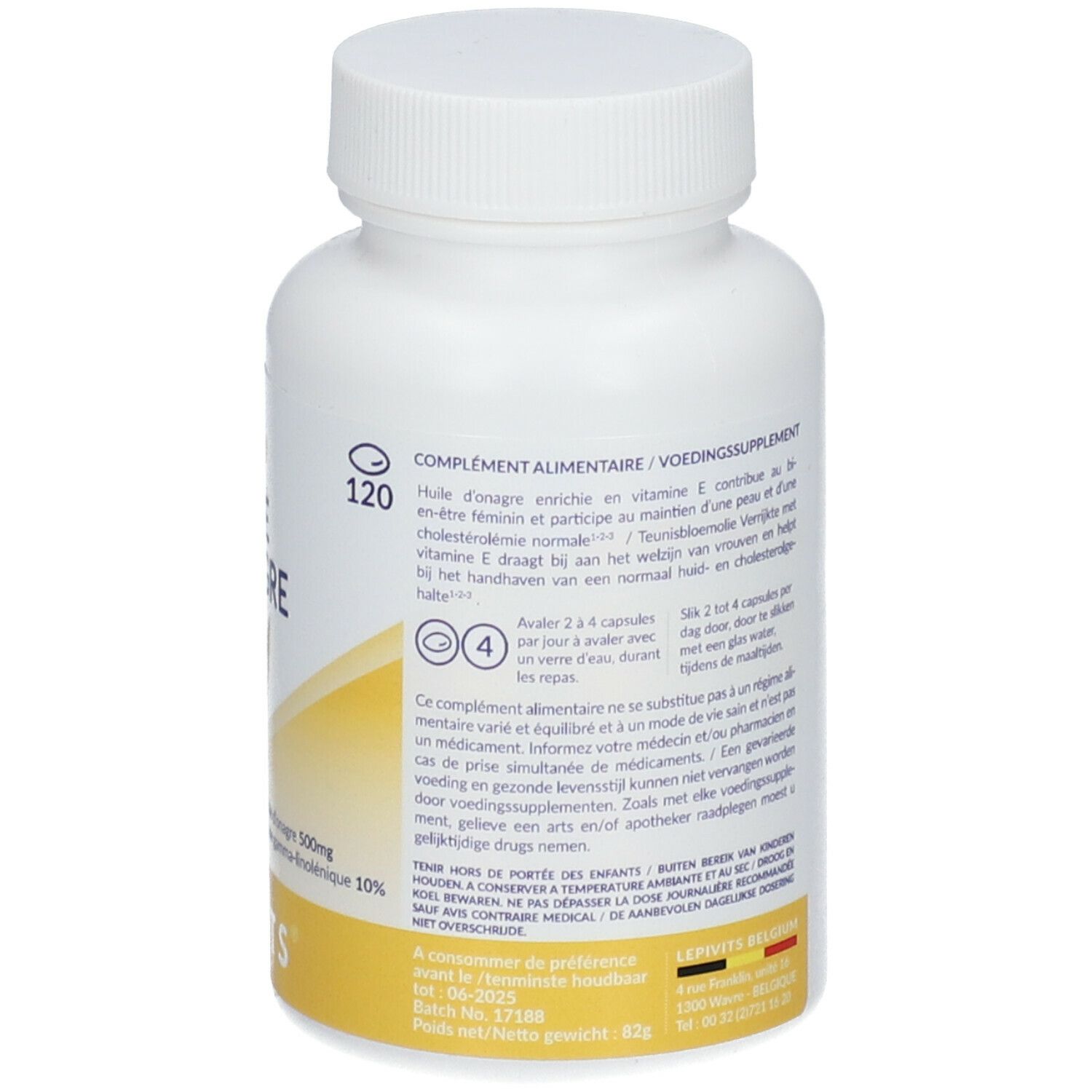 Dos du flacon blanc. Texte: Complément alimentaire. Ingrédients, informations nutritionnelles. LEPIVITS.