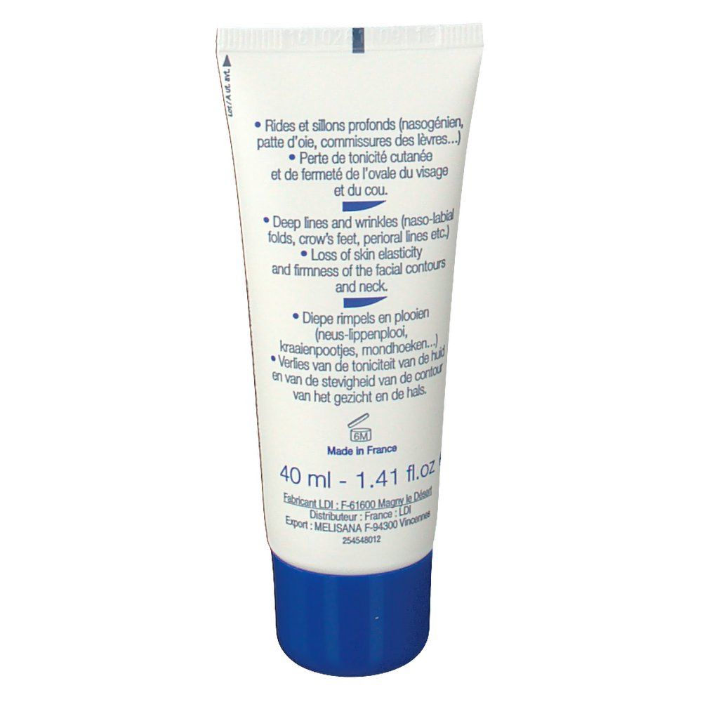 Dos du tube de crème. Texte en français et néerlandais. 40 ml. Fabriqué en France.