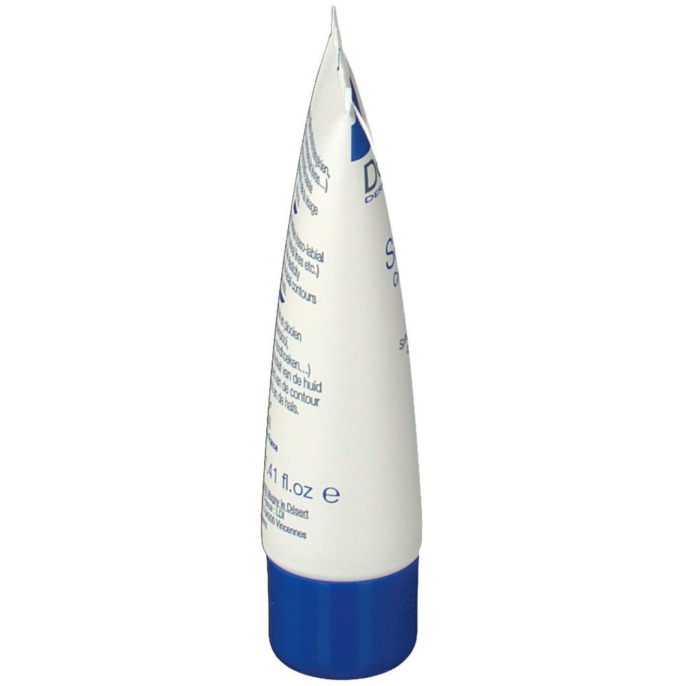 Tube de crème blanc avec bouchon bleu. Inscription Dermagor. Vue verticale.