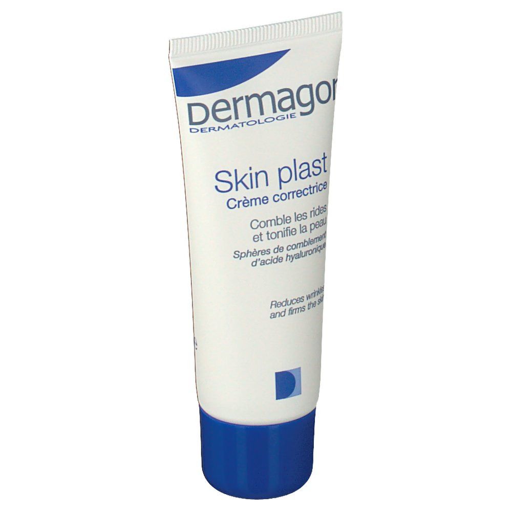 Tube de crème, blanc avec bouchon bleu. Inscription Dermagor Skin plast. Réduit les rides.