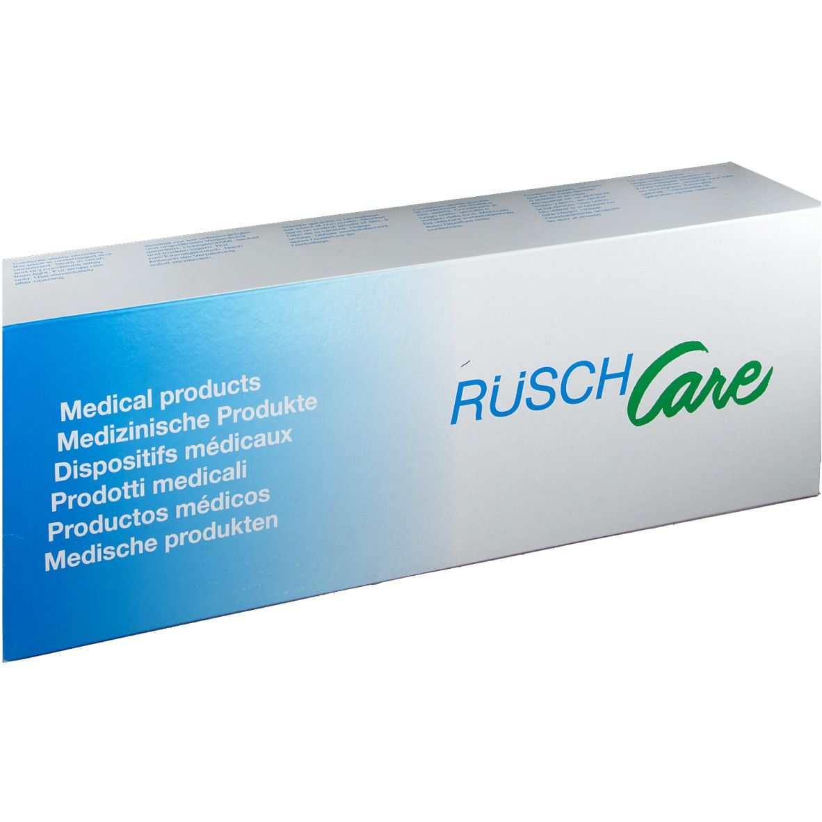 Boîte "RÜSCH Care". Texte multilingue : Produits médicaux.