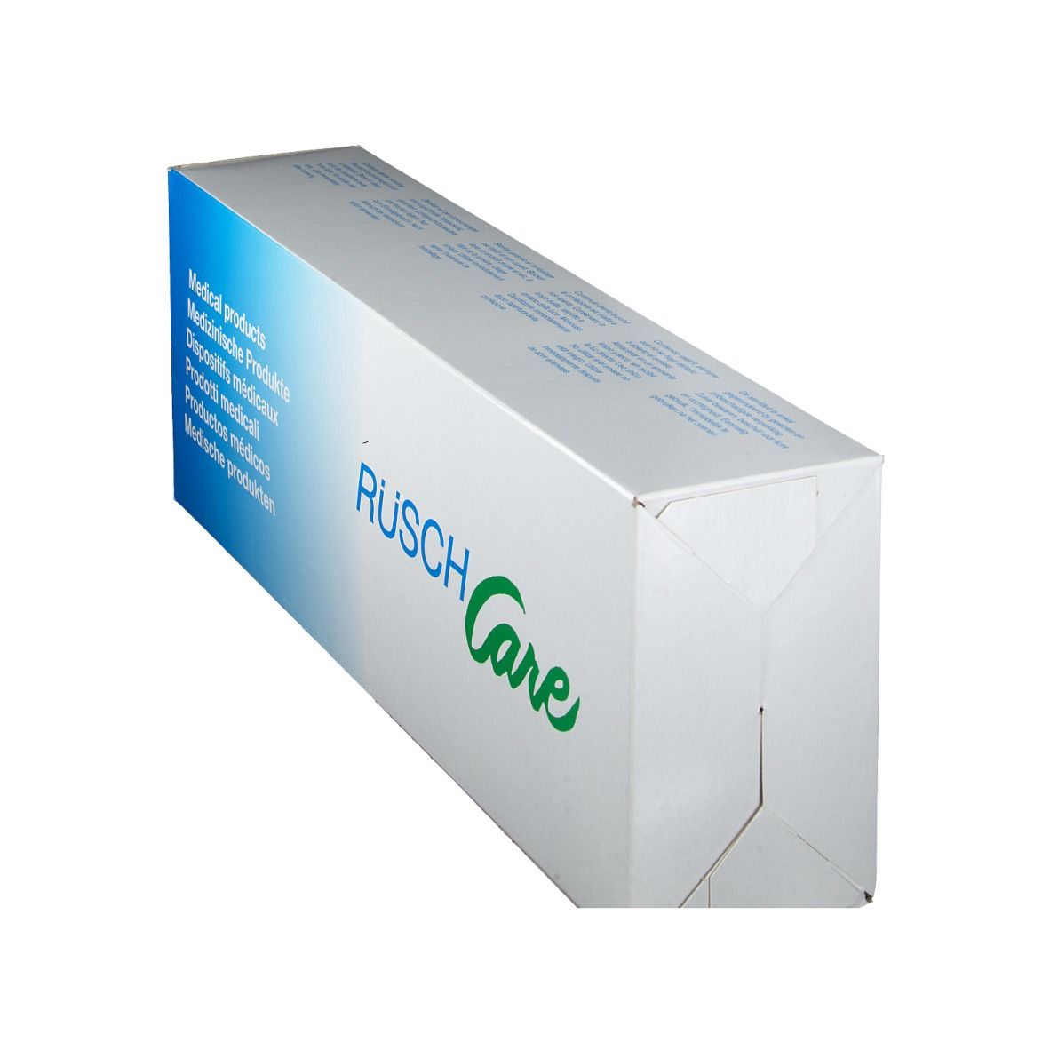 Boîte "RÜSCH Care" en biais. Blanc avec dégradé bleu et logo vert.
