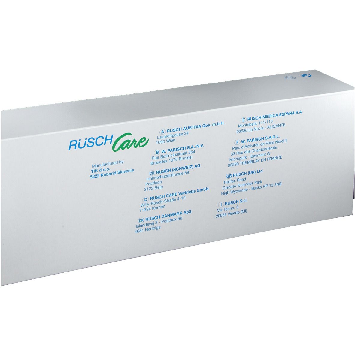 Boîte blanche avec logo "RÜSCH Care" et informations d'adresse.
