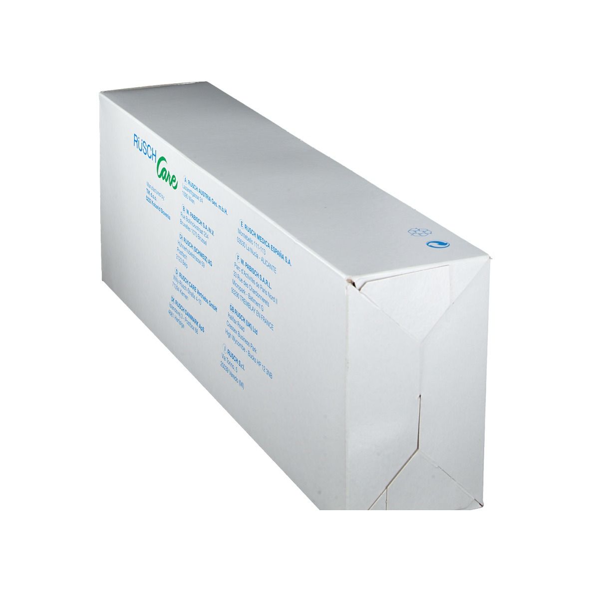 Boîte blanche avec logo "RÜSCH Care" et informations d'adresse.