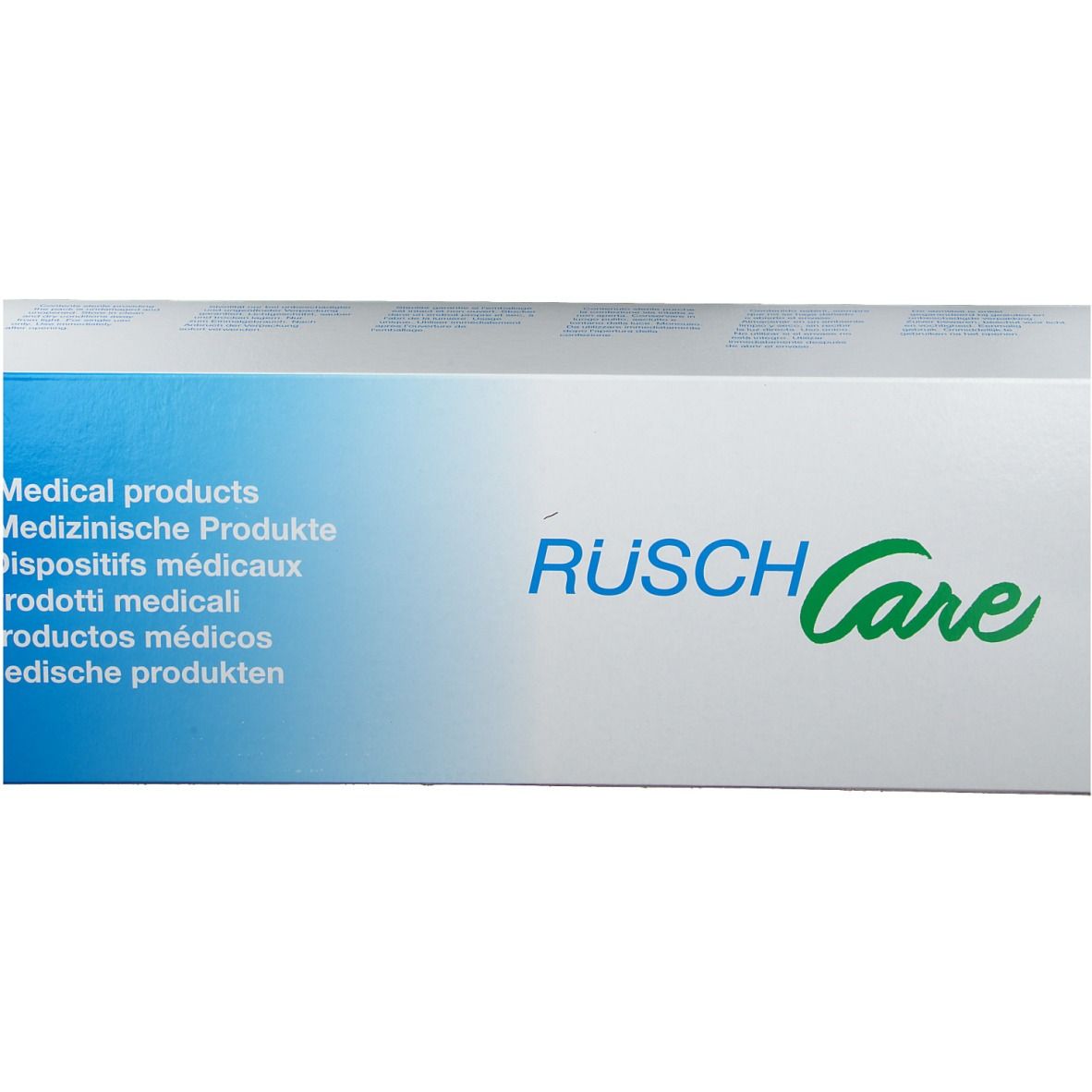 Gros plan sur la boîte avec logo "RÜSCH Care" et texte multilingue.