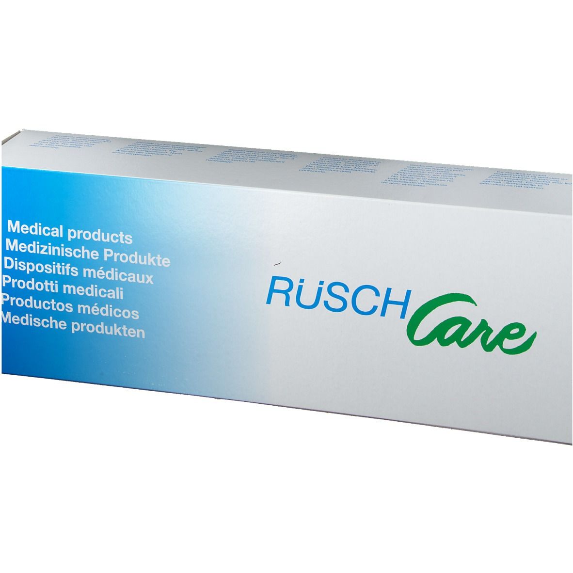 Gros plan sur la boîte avec logo "RÜSCH Care" et texte multilingue.