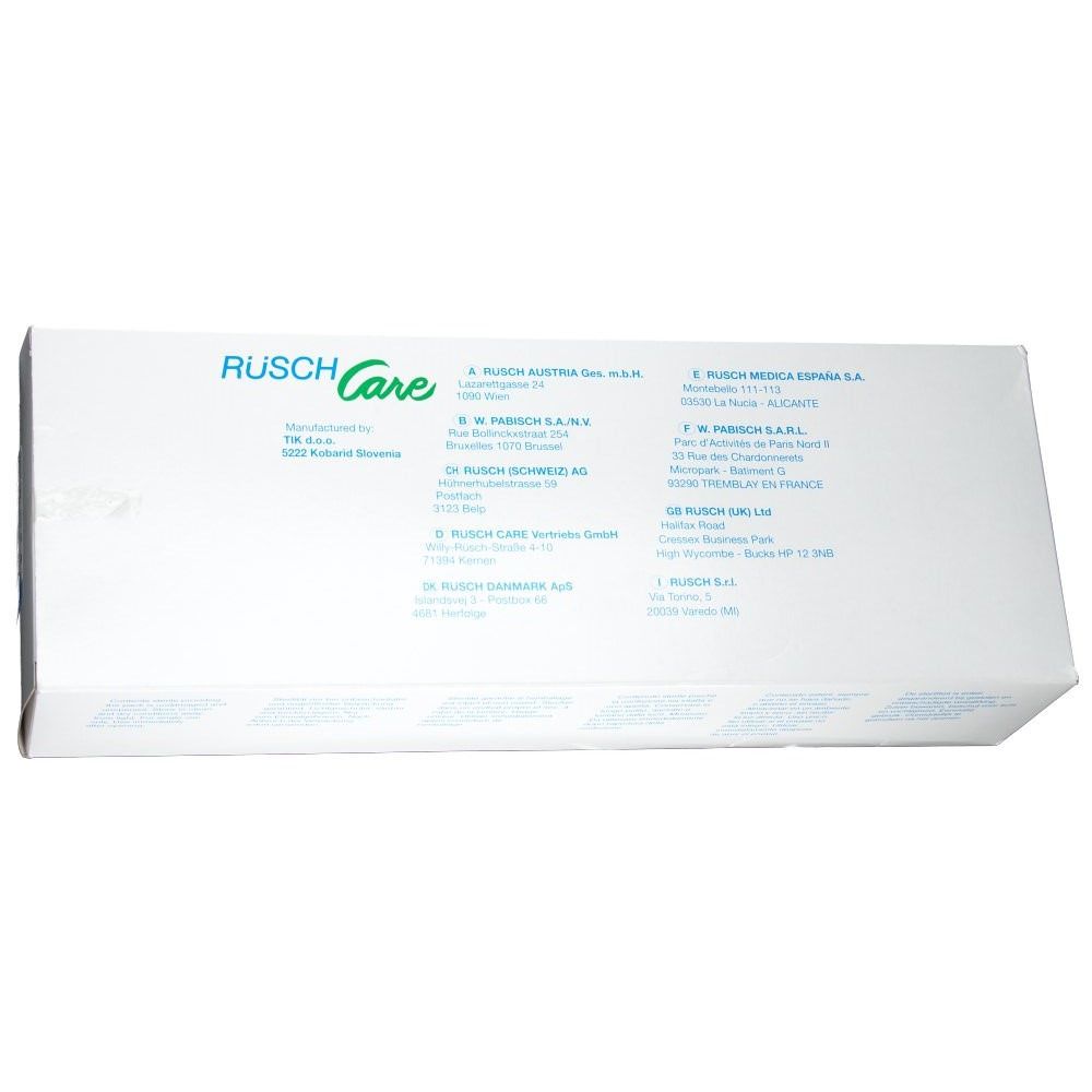 Verpackung mit Aufdruck 'RÜSCH Care' und mehrsprachigen Produktbezeichnungen.