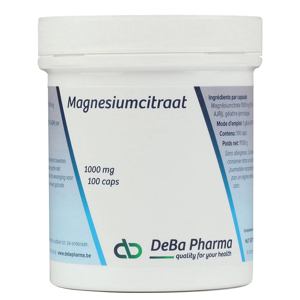 Witte pot met opschrift Magnesiumcitraat 1000 mg, 100 caps. DeBa Pharma logo. Info.