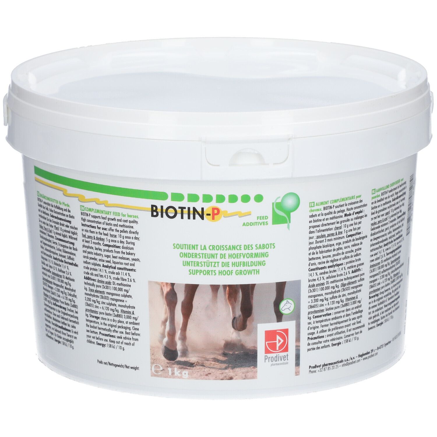 Weißer Eimer mit Deckel. Aufschrift BIOTIN-P. Text in Deutsch, Englisch und Französisch. Produktbild mit Pferdehufen.