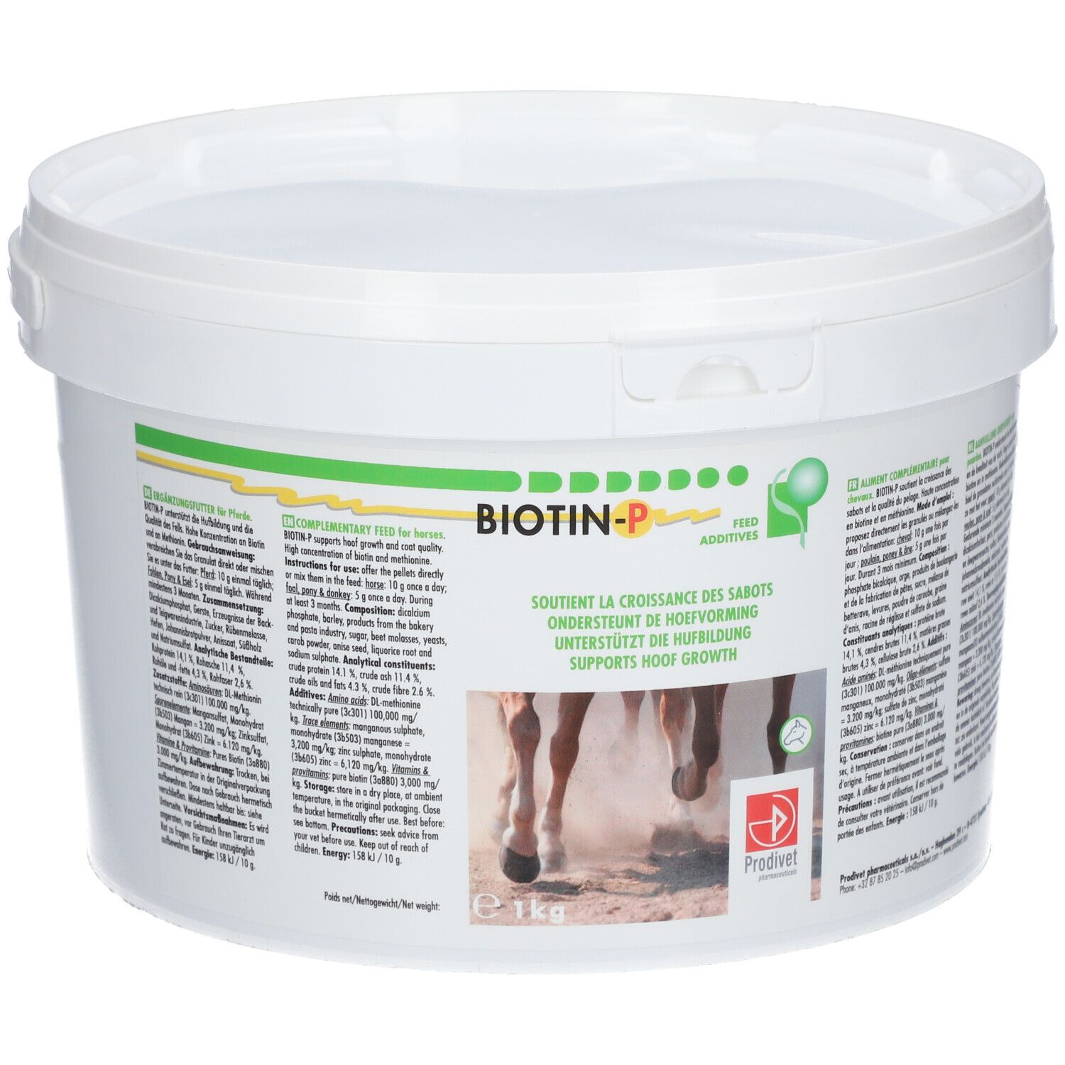 Weißer Eimer mit Deckel. Aufschrift BIOTIN-P. Text in Deutsch, Englisch und Französisch. Produktbild mit Pferdehufen.