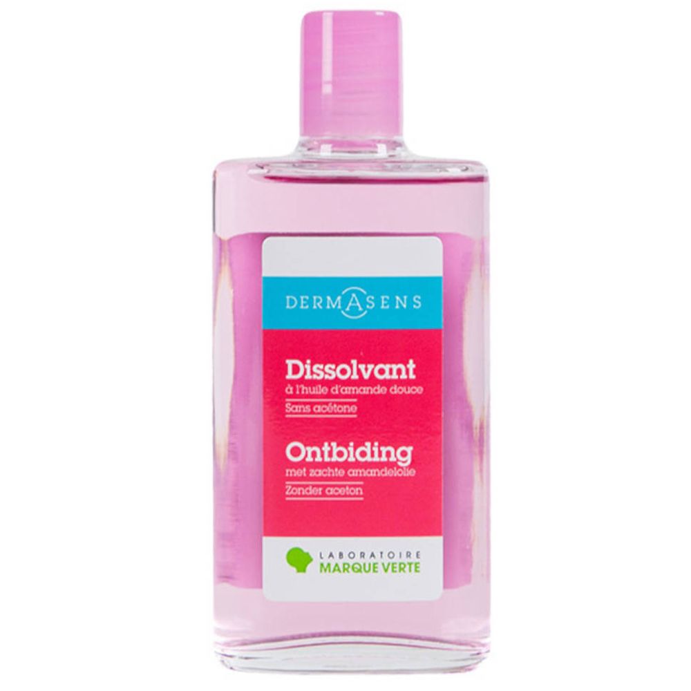Flacon de dissolvant, liquide rose, bouchon rose. Étiquette avec texte: Dermasens, Dissolvant, Ontbinding.