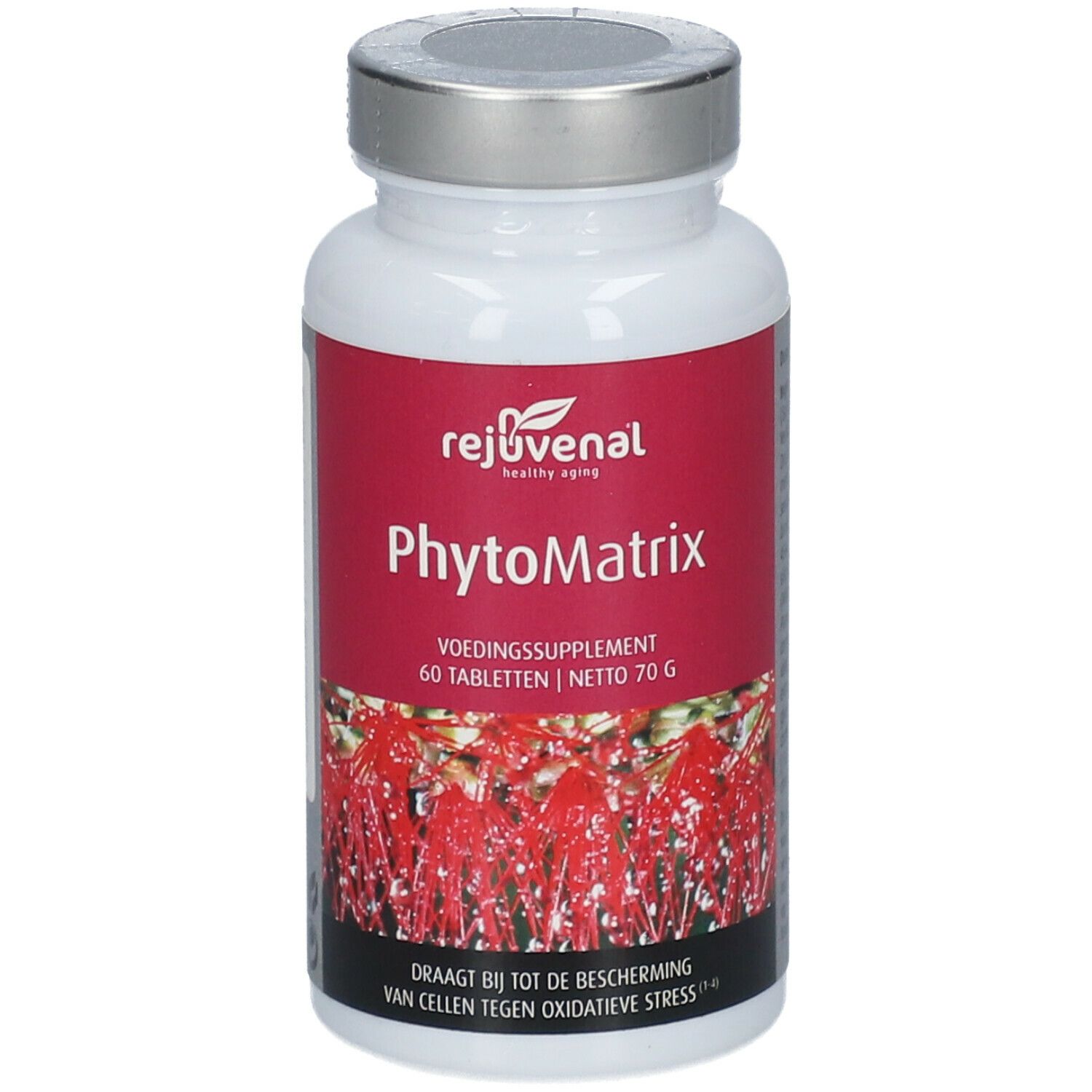 Flacon de comprimés blanc avec étiquette rouge. Inscription: Phytomatrix, 60 comprimés. Couvercle argenté.