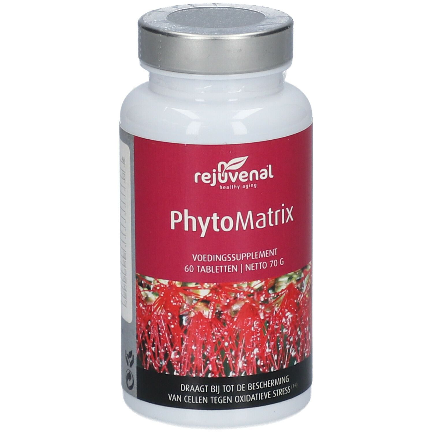 Flacon de comprimés blanc avec étiquette rouge. Inscription: Phytomatrix, 60 comprimés. Couvercle argenté.