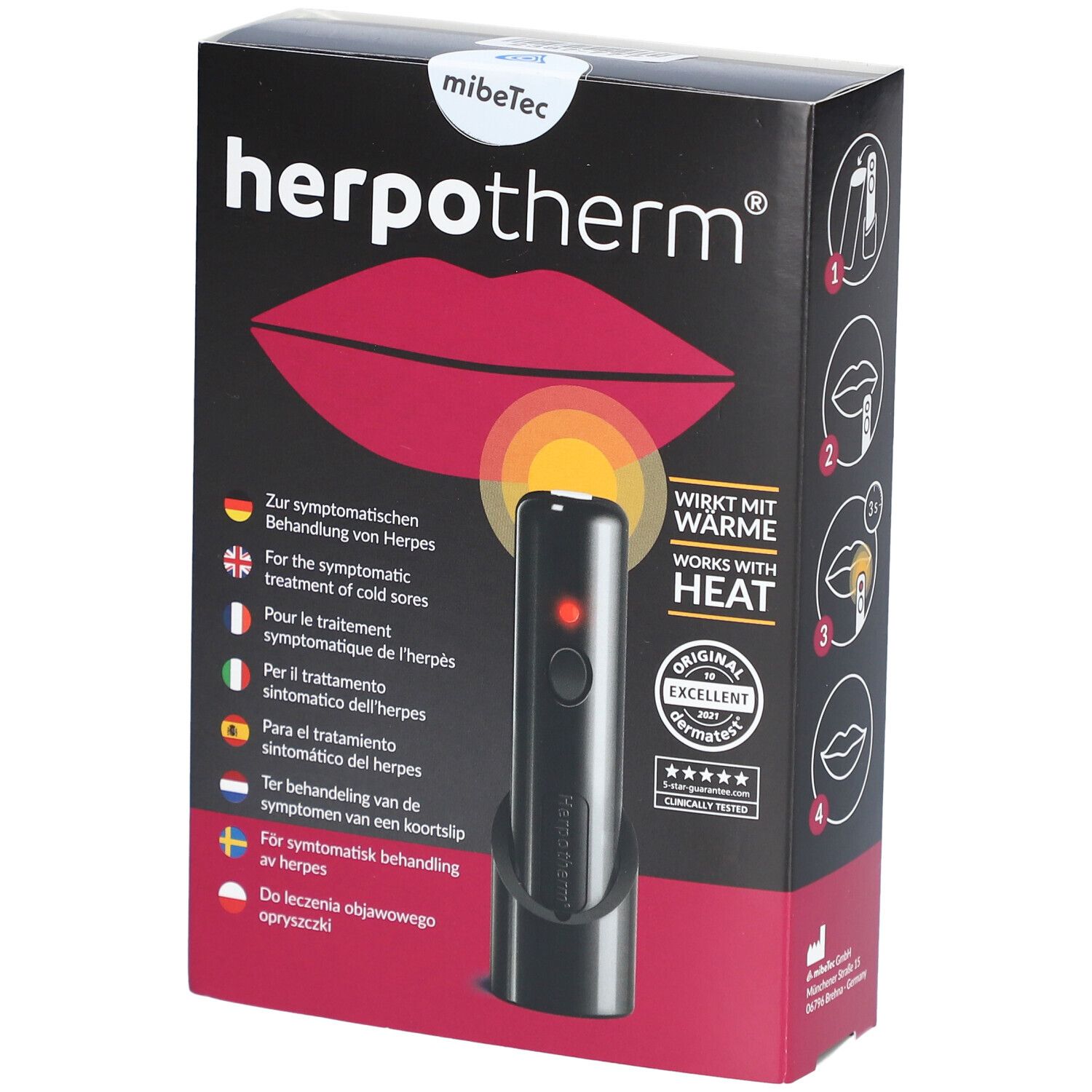 Verpackung mit Herpotherm. Schwarze Box mit Lippen-Illustration und Produktabbildung. Text: Wirkt mit Wärme.