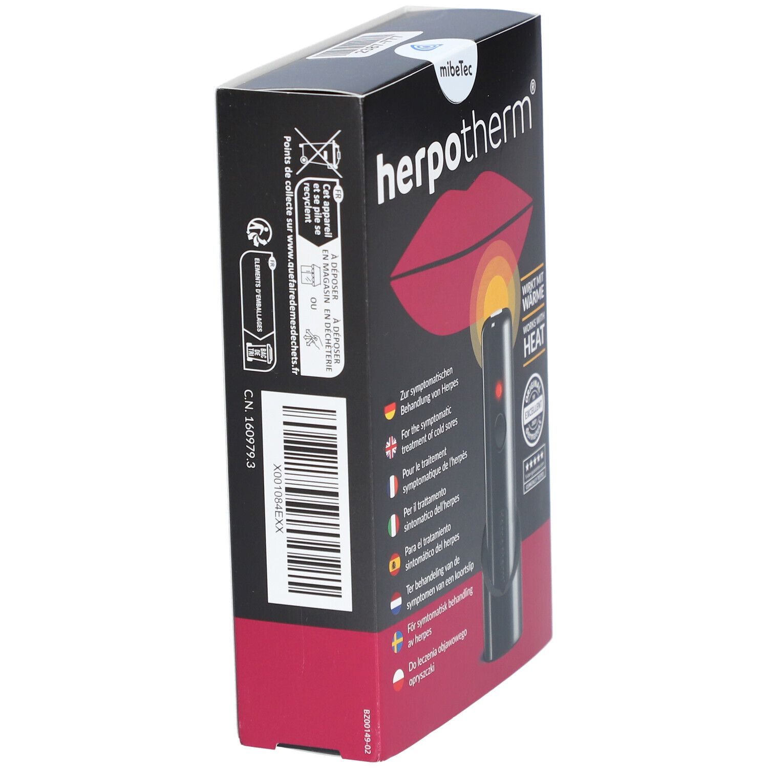 Herpotherm-Verpackung. Schwarze Box mit Produktabbildung und Text. Rückseite mit Informationen und Piktogrammen.