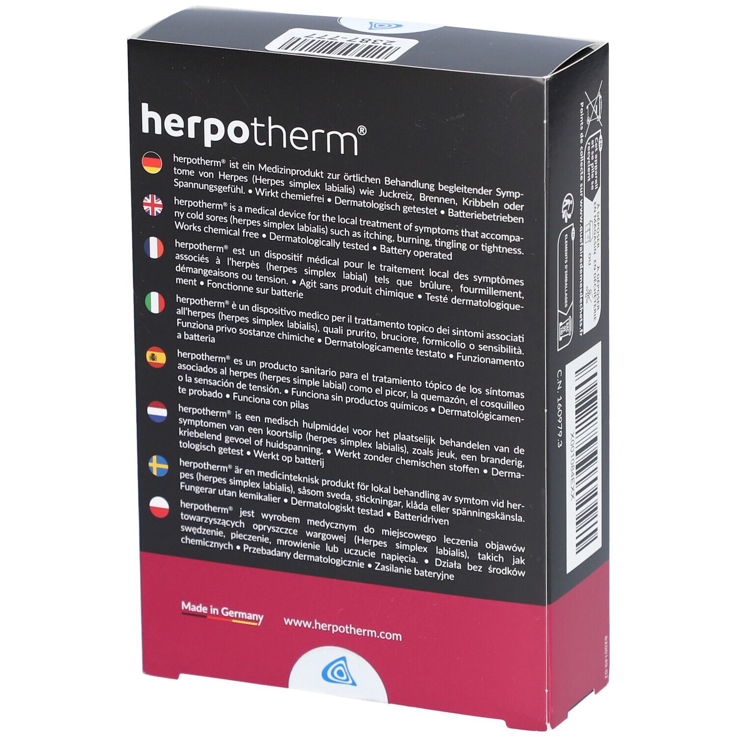Rückseite der Herpotherm-Verpackung. Text in mehreren Sprachen. Informationen zum Produkt und Hersteller.