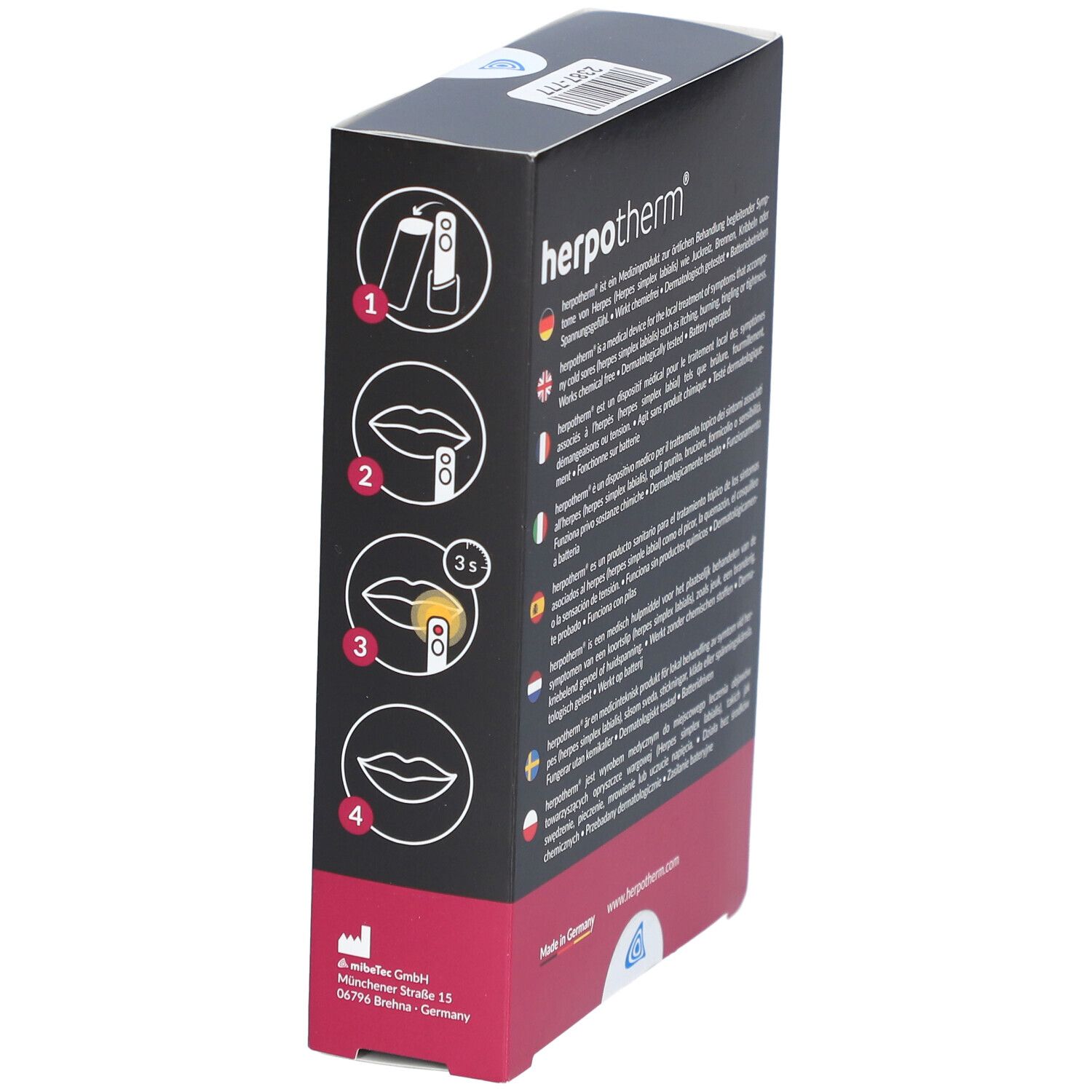Herpotherm-Verpackung. Seite mit Illustrationen zur Anwendung. Schritt-für-Schritt-Anleitung.
