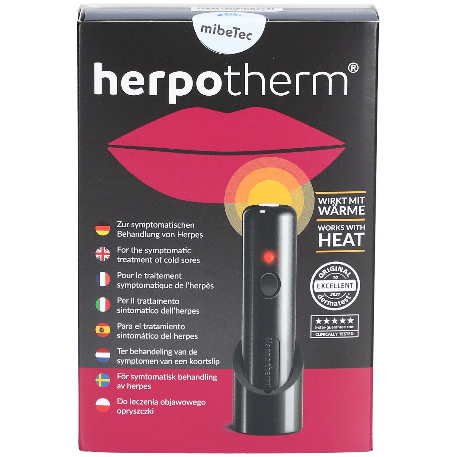 Herpotherm-Verpackung. Schwarze Box mit Lippen-Illustration und Produktabbildung. Text: Wirkt mit Wärme.