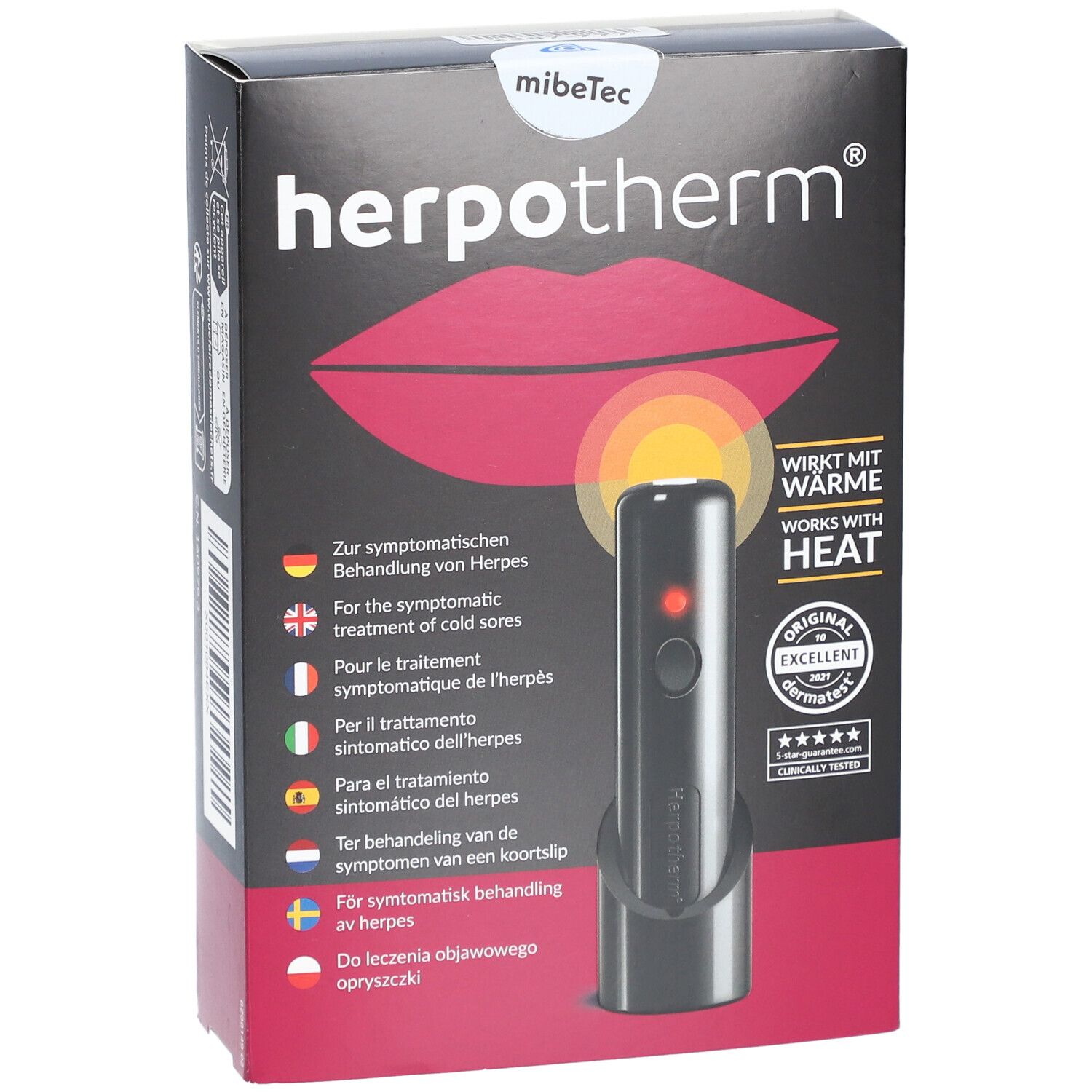 Herpotherm-Verpackung. Schwarze Box mit Lippen-Illustration und Produktabbildung. Text: Wirkt mit Wärme.