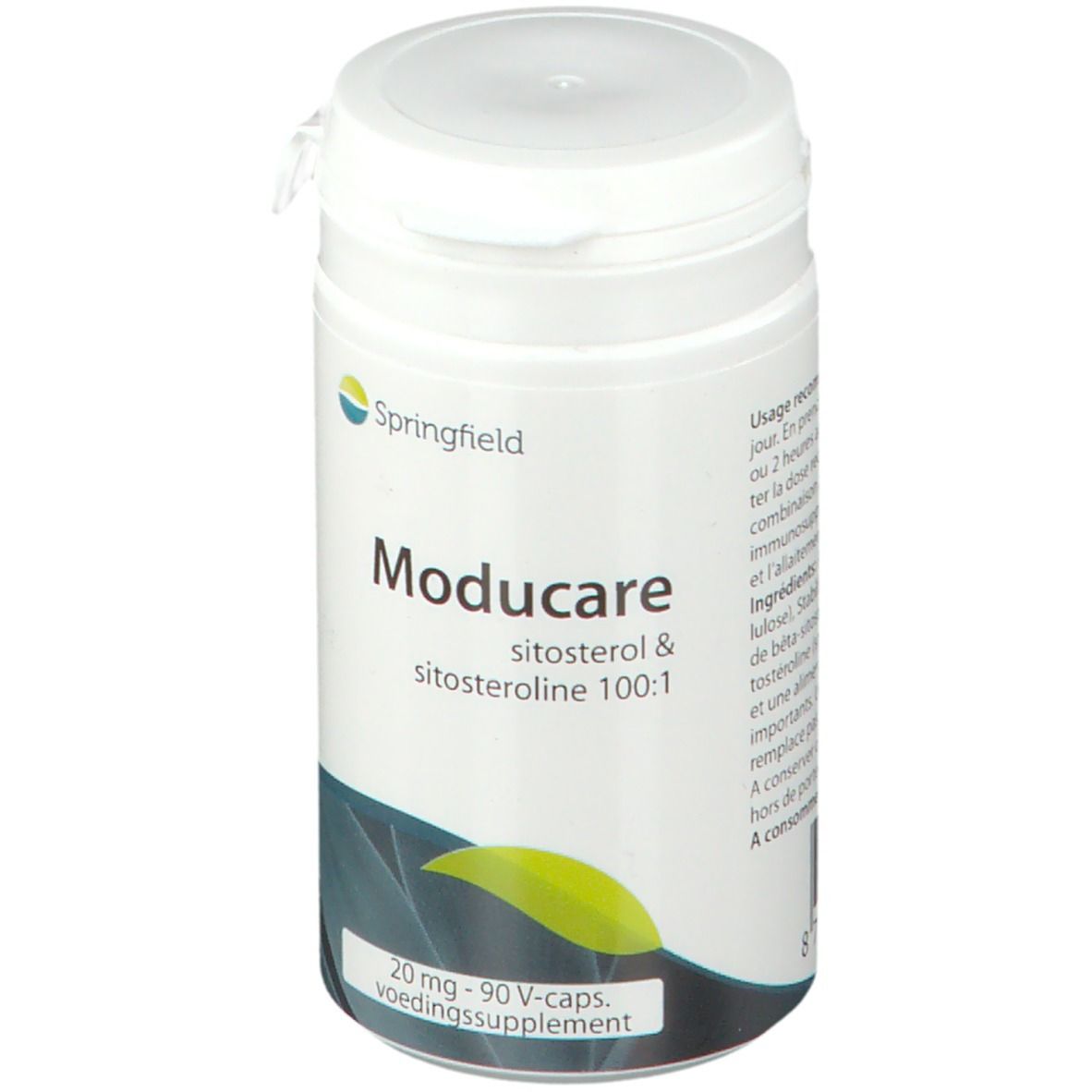 Flacon blanc avec couvercle. Inscription: Springfield, Moducare, Sitosterol & Sitosteroline 100:1. 20 mg - 90 V-caps.