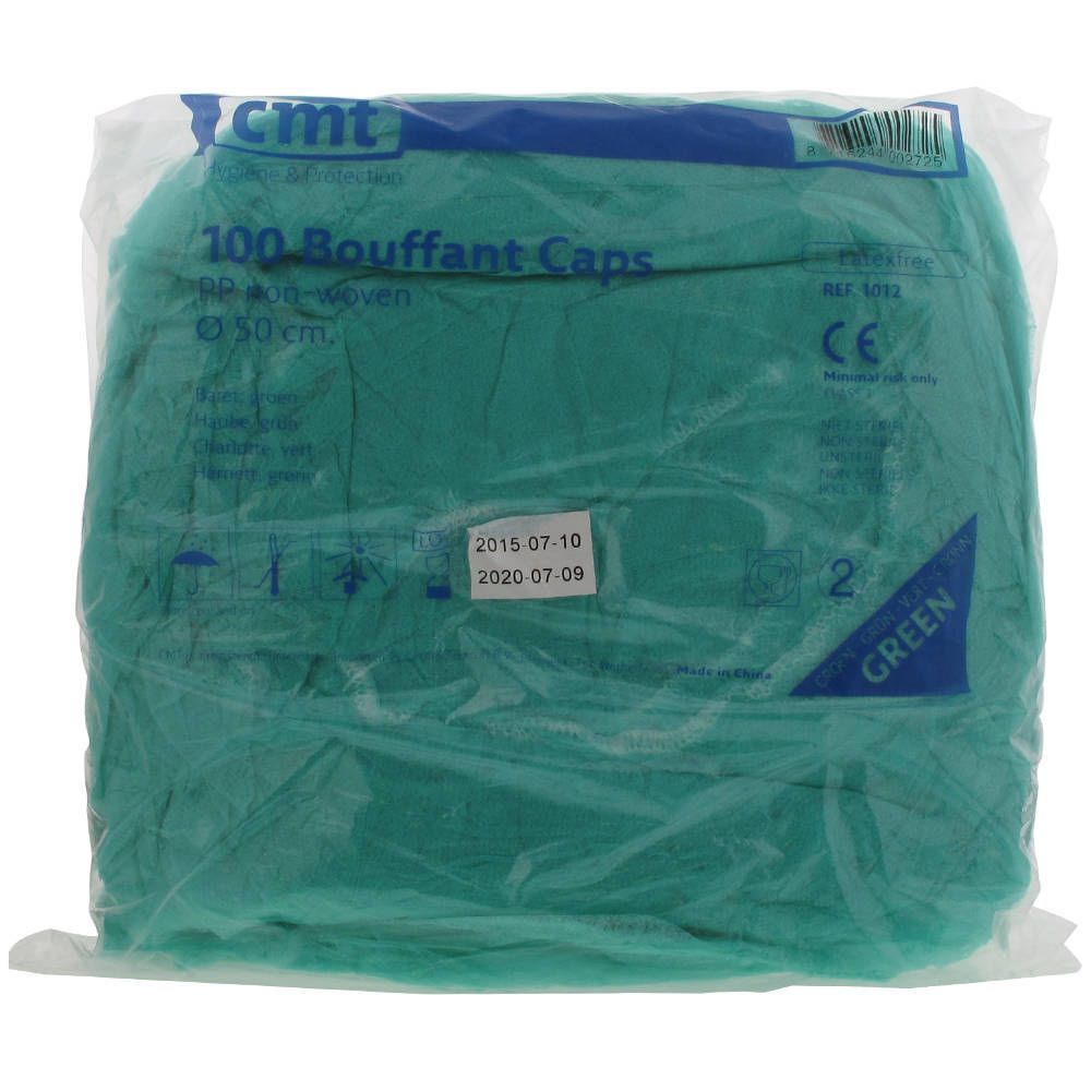 Paquet de 100 charlottes vertes. Marque CMT. Diamètre 50 cm. Marquage CE. Date de péremption 2020-07-09.