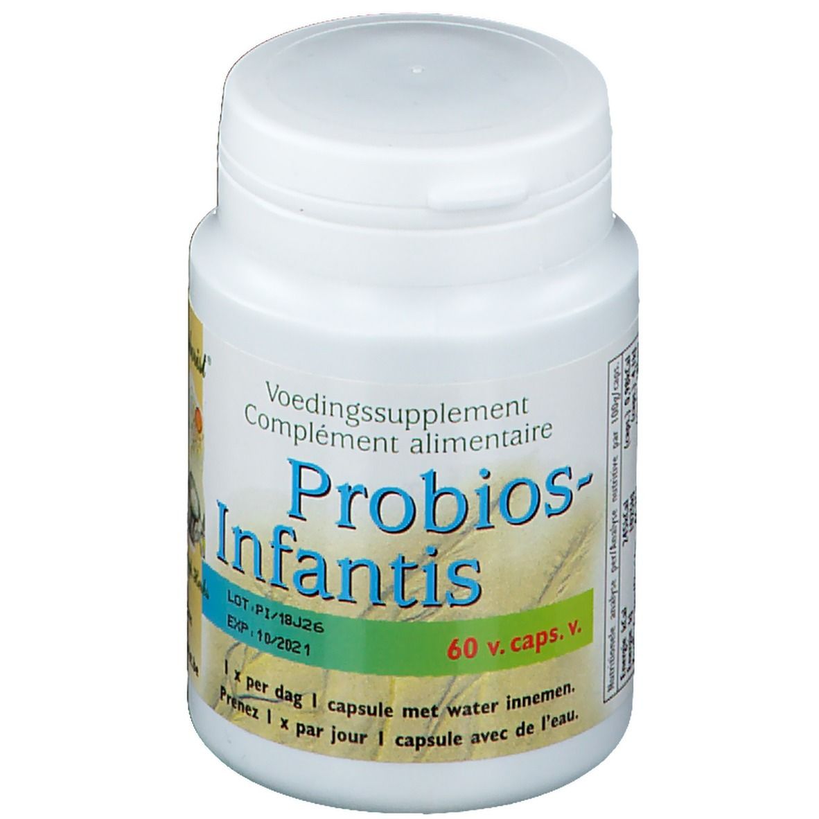 Flacon blanc avec couvercle. Inscription : Probios-Infantis. 60 capsules. Texte en néerlandais et français.