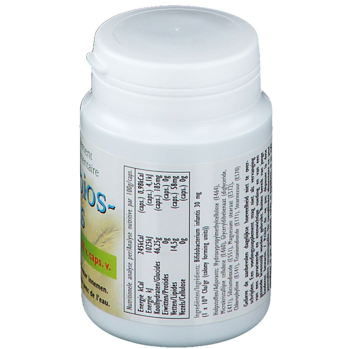 Flacon blanc avec couvercle. Inscription : Probios-Infantis. Analyse nutritionnelle. Liste des ingrédients. Texte en néerlandais et français.