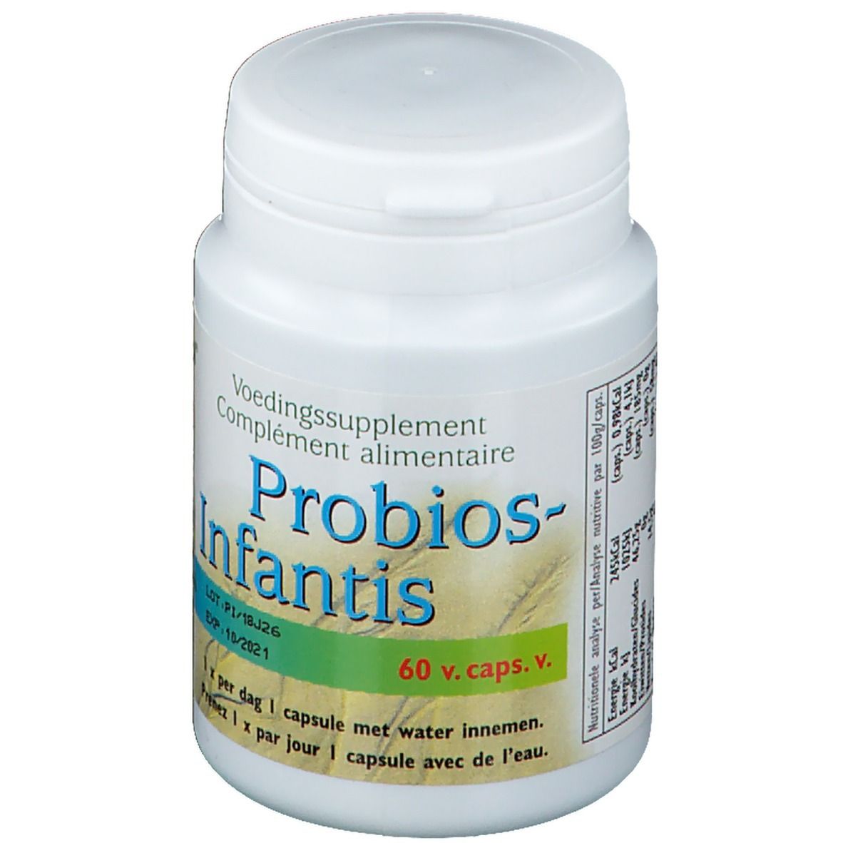 Flacon blanc avec couvercle. Inscription : Probios-Infantis. 60 capsules. Texte en néerlandais et français.
