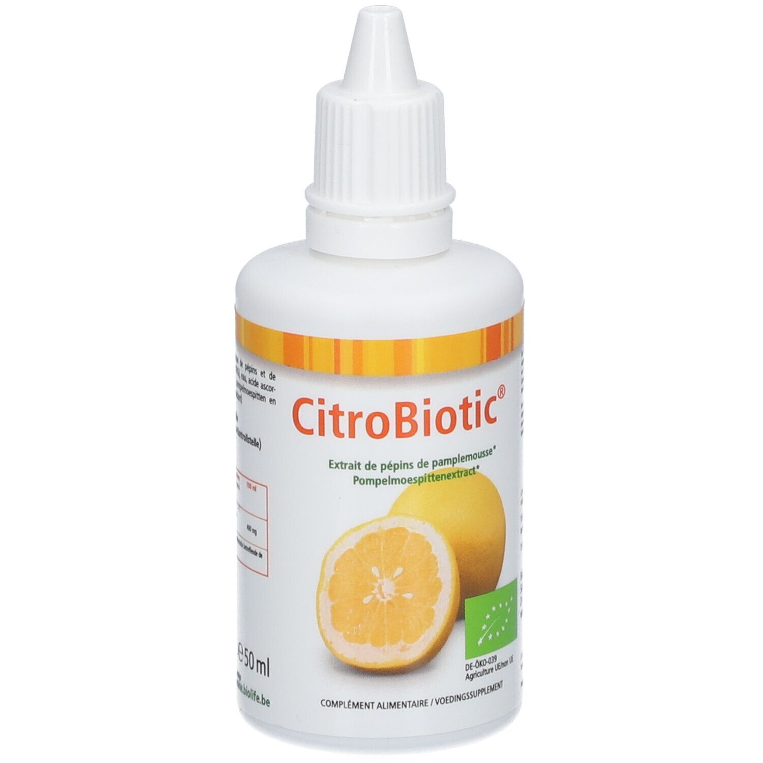Weißes Fläschchen mit Tropfer. Aufschrift CitroBiotic®, Grapefruit-Extrakt, Bio-Siegel. Abbildung einer Grapefruit.
