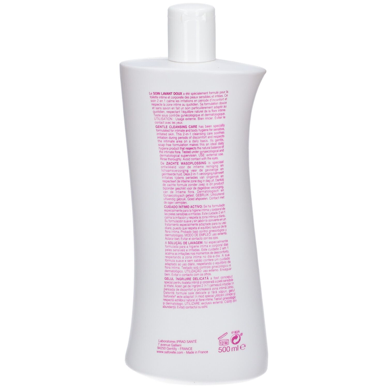Dos du flacon blanc Saforelle. Texte multilingue. Ingrédients et informations fabricant.